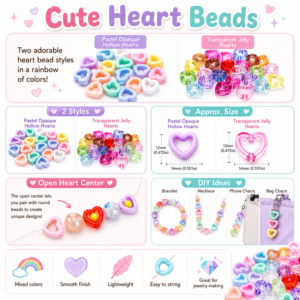 30Pcs Multicolor Clear Heart A - Stationery Supplier ulasan dan harga