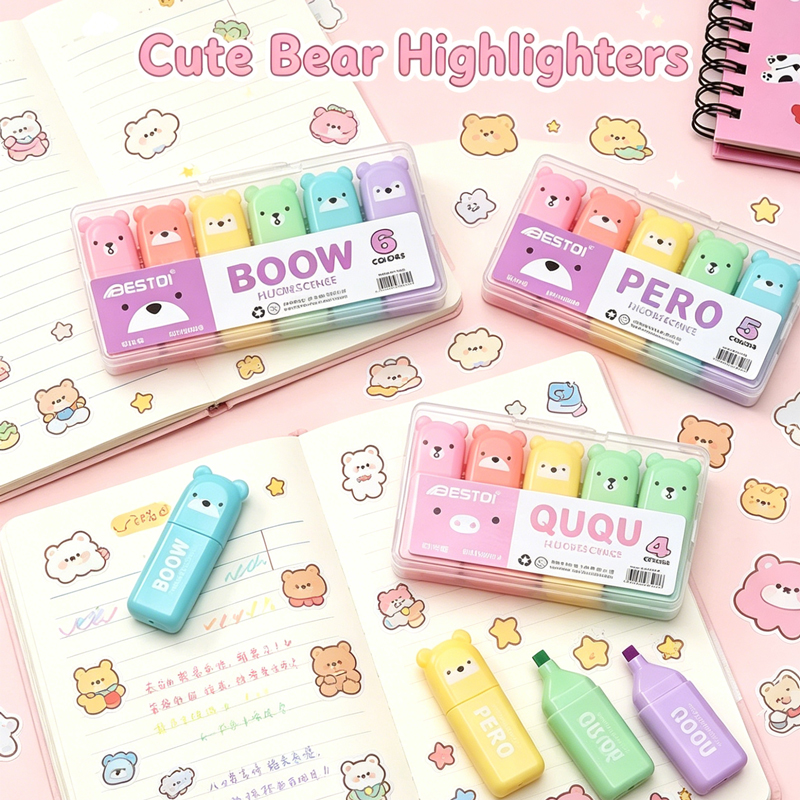 4/6/12 Pcs Kawaii Bear Highlig - Highlighter Set Pastel ulasan dan harga